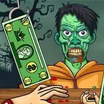 En tegnet zombie iført oransje hettegenser står bak en disk, omgitt av store penger med kroker som henger foran den