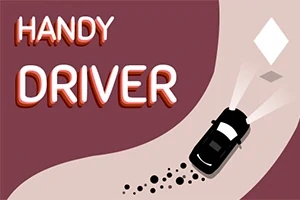 Illustrasjon av en bil som svinger på en vei med lyse stråler fra frontlysene og teksten Handy Driver til venstre