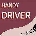 Illustrasjon av en bil som svinger på en vei med lyse stråler fra frontlysene og teksten Handy Driver til venstre