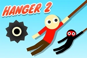 To figurer svinger fra tau mot en blå bakgrunn med teksten Hanger 2 og et tannhjul til venstre