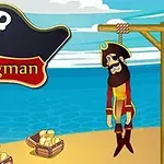 Pirat tegnet på stranden hengt opp ved sjøkanten med en stor hatt med hodeskalle og teksten Hangman ved siden av