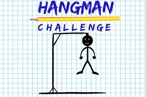 En illustrasjon av en strekmann hengt fra en galge, med ordene HANGMAN CHALLENGE over, tegnet på rutet papir