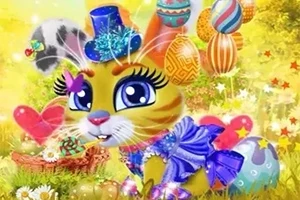 Fargerik illustrasjon av en kanin med blå øyne i fancy klær omgitt av dekorative egg og ballonger i en blomstereng