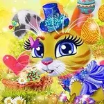 Fargerik illustrasjon av en kanin med blå øyne i fancy klær omgitt av dekorative egg og ballonger i en blomstereng