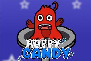 Rødt monster med åpne øyne og munn i en metallaktig beholder mot blå bakgrunn med stjerner, under teksten Happy Candy