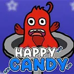 Rødt monster med åpne øyne og munn i en metallaktig beholder mot blå bakgrunn med stjerner, under teksten Happy Candy