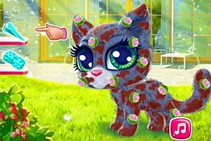 En tegnet katt med store øyne står på en plen med rosa blomster på kroppen, mens en hånd peker på forskjellige pleieverktøy ved siden av