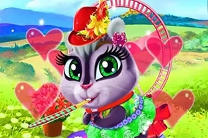 En tegnet katt med store grønne øyne og utpregede øyevipper, iført en rød hatt og fargerike klær, med hjerteformede dekorasjoner i bakgrunnen