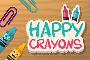 Glade fargestifter med ansikter og teksten Happy Crayons på en trebakgrunn med binderser