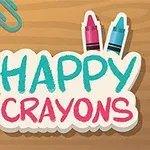 Glade fargestifter med ansikter og teksten Happy Crayons på en trebakgrunn med binderser