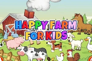 Tegneserie av en gård med ulike husdyr som kuer, griser, hester og geiter foran en rød låve med teksten Happy Farm for Kids