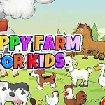Tegneserie av en gård med ulike husdyr som kuer, griser, hester og geiter foran en rød låve med teksten Happy Farm for Kids