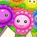 Fargerike tegneserieblomster med ansikter og krukker mot en bakgrunn med hekker