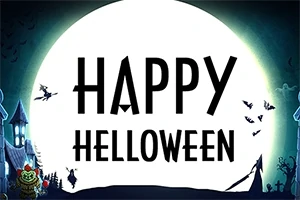 Tekst Happy Helloween foran en stor fullmåne med silhuetter av flaggermus og et skummelt landskap