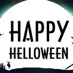 Tekst Happy Helloween foran en stor fullmåne med silhuetter av flaggermus og et skummelt landskap