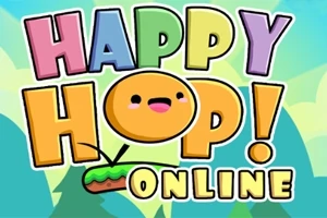 Fargerik illustrasjon med teksten Happy Hop Online og en glad emoji-lignende figur