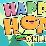 Fargerik illustrasjon med teksten Happy Hop Online og en glad emoji-lignende figur
