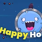En blå planet med et smilende ansikt og en liten mørk skapning på toppen, omgitt av små fargerike objekter mot en mørk bakgrunn, med teksten Happy Hopper i forgrunnen