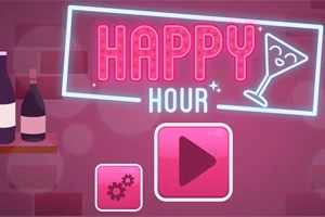 En neonfarget plakat med teksten Happy Hour og et martiniglass, sammen med ikoner for innstillinger og avspilling, mot en bakgrunn av vinflasker på en hylle