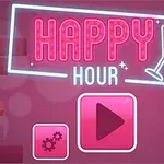 En neonfarget plakat med teksten Happy Hour og et martiniglass, sammen med ikoner for innstillinger og avspilling, mot en bakgrunn av vinflasker på en hylle