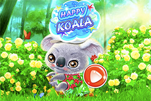 En tegneserie-koala med en rød kjole sitter blant gule roser i en solfylt, grønn skog