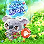 En tegneserie-koala med en rød kjole sitter blant gule roser i en solfylt, grønn skog