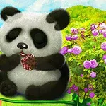En tegneseriepanda sitter omgitt av fargerike blomster mens den spiser noe