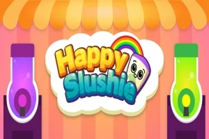 Tegneseriestil med fargerike slushmaskiner og teksten Happy Slushie med en regnbue