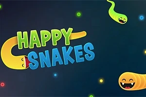 Tekst med ordene HAPPY SNAKES omgitt av glade, tegneserieaktige slanger i ulike farger på en mørk bakgrunn