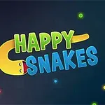 Tekst med ordene HAPPY SNAKES omgitt av glade, tegneserieaktige slanger i ulike farger på en mørk bakgrunn