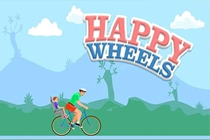 Happy Wheels En animert scene med en voksen og et barn på en sykkel foran en blå bakgrunn med teksten HAPPY WHEELS øverst