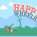 Happy Wheels En animert scene med en voksen og et barn på en sykkel foran en blå bakgrunn med teksten HAPPY WHEELS øverst