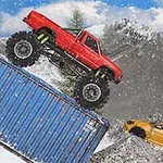 En rød monstertruck kjører over en blå container og en gul bil i et snødekt fjellandskap