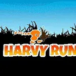 Oransje karakter med bakgrunn av blå himmel og silhuett av gress med teksten Harvy Runner nedenfor
