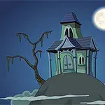 En mørk, gotisk villa står på en ås med et skjevt tre ved siden av, en fullmåne og flaggermus i bakgrunnen