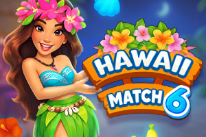 Smilende hawaiisk kvinne med blomsterkrans og turkis topp ved siden av fargerik «Hawaii Match 6»-logo