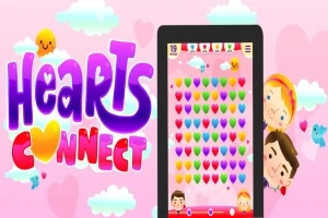 Fargerik illustrasjon med teksten Hearts Connect ved siden av et nettbrett som viser et spillbrett fylt med hjerter i ulike farger, omgitt av skyer og tegneseriefigurer