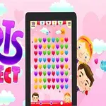 Fargerik illustrasjon med teksten Hearts Connect ved siden av et nettbrett som viser et spillbrett fylt med hjerter i ulike farger, omgitt av skyer og tegneseriefigurer