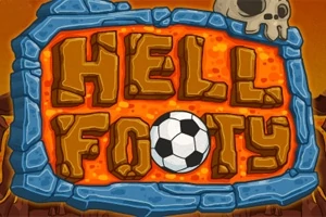 Et skilt med teksten Hell Footy i oransje bokstaver omgitt av steiner, med en fotball i midten og en hodeskalle på toppen