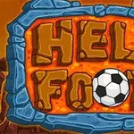 Et skilt med teksten Hell Footy i oransje bokstaver omgitt av steiner, med en fotball i midten og en hodeskalle på toppen