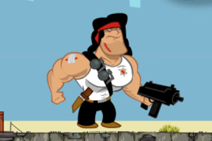 Tegnet muskuløs figur med sort bandana, hvit skjorte og en stor svart pistol