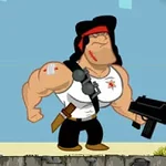 Tegnet muskuløs figur med sort bandana, hvit skjorte og en stor svart pistol