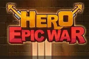 Teksten Hero Epic War med to kryssede sverd på en bakgrunn av mursteinsvegger