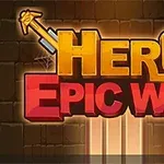 Teksten Hero Epic War med to kryssede sverd på en bakgrunn av mursteinsvegger