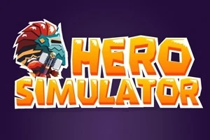 Tekstlogo med ordene Hero Simulator i kraftige gule bokstaver, flankert av en illustrasjon av en hjelm med fjær på en lilla bakgrunn