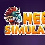 Tekstlogo med ordene Hero Simulator i kraftige gule bokstaver, flankert av en illustrasjon av en hjelm med fjær på en lilla bakgrunn
