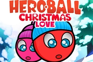 To røde, animerte baller med luer foran en vinterlig bakgrunn, med teksten Heroball Christmas Love øverst
