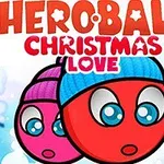 To røde, animerte baller med luer foran en vinterlig bakgrunn, med teksten Heroball Christmas Love øverst