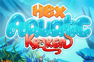 Fargerik undervannstema med teksten Hex Aquatic Kraken i blå og oransje bokstaver, omgitt av koraller og sjøplanter