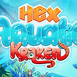 Fargerik undervannstema med teksten Hex Aquatic Kraken i blå og oransje bokstaver, omgitt av koraller og sjøplanter